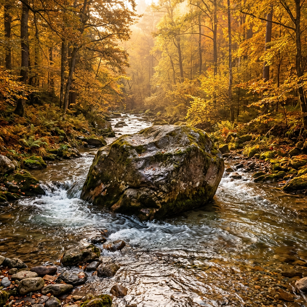 Flowing stream with large rock and autumn trees in forest