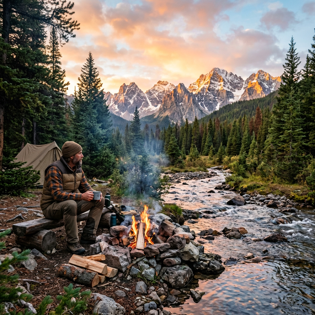 Man sitting by campfire with river and snow-capped mountains