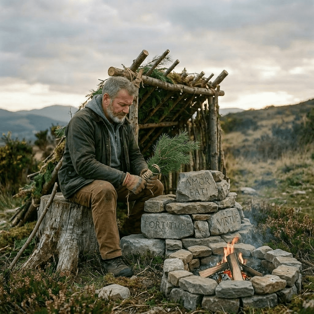 Man assembling a circular stone base and arch structure outdoors